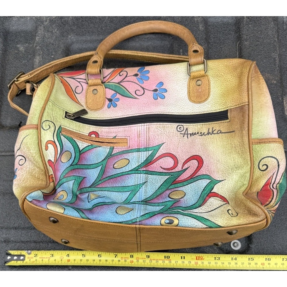 Anuschka Hand Painted Leather Peacock Satchel Tote Bag Large‎ Multicolor Purse